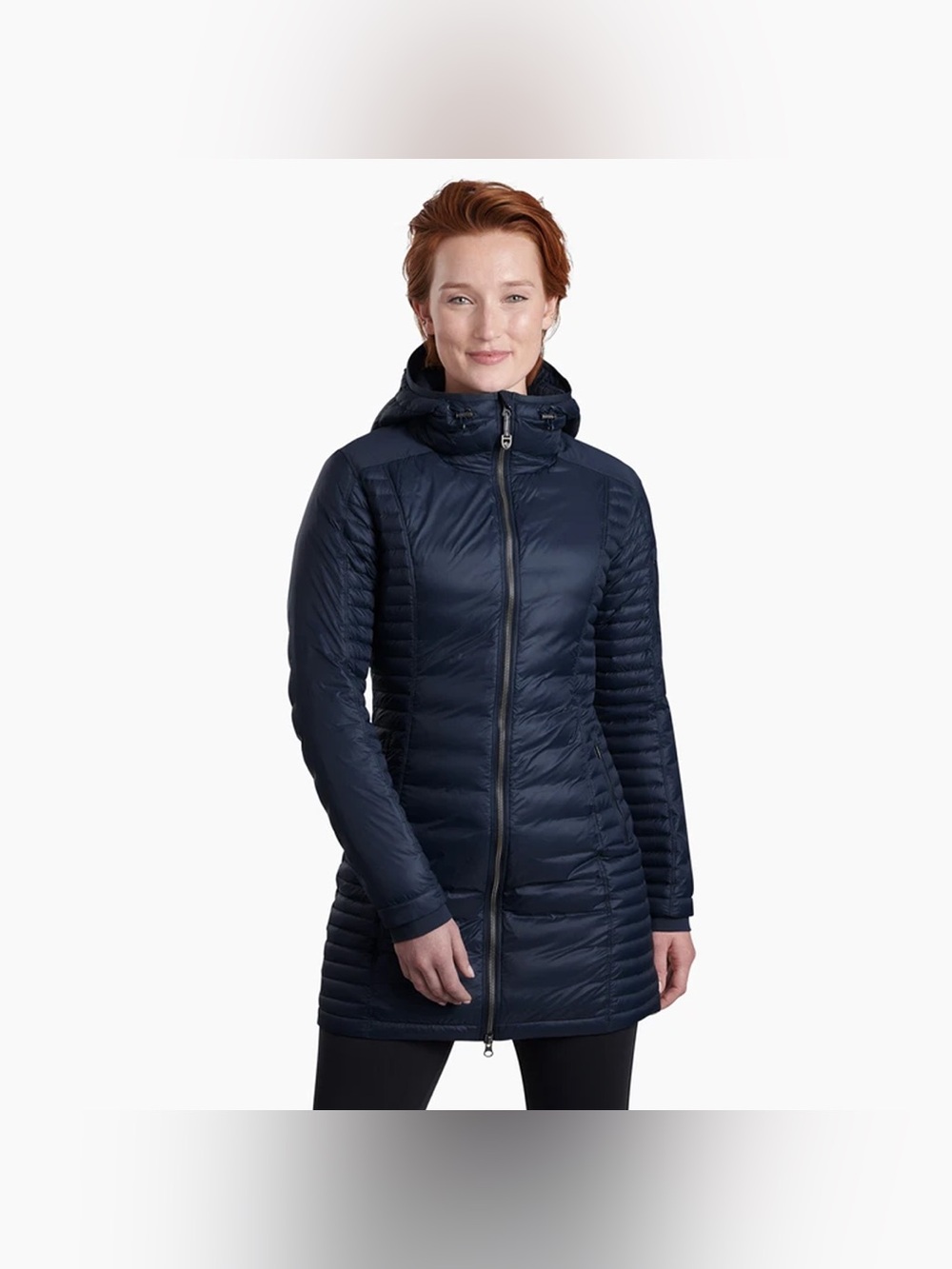 KÜHL Spyfire Parka Women XS 800 Fill Down Long Hooded Puffer Coat Navy
